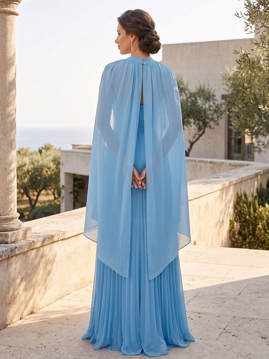 A-Line/Princess Halter Keyhole Sleeveless Long Bridesmaid Dresses with Cape &amp; Pleated