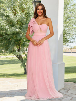 A-Line/Princess One-Shoulder Sheer Corset Long Bridesmaid Dresses with Bow