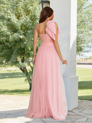 A-Line/Princess One-Shoulder Sheer Corset Long Bridesmaid Dresses with Bow