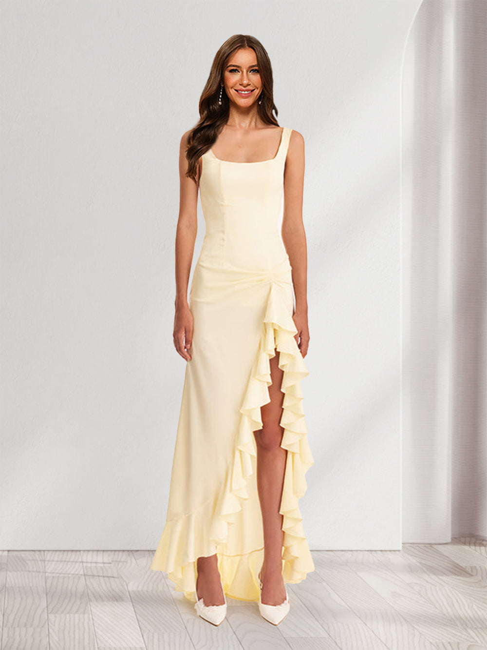 Sheath/Column Square Neck Ruched Ruffle Bridesmaid Dresses with Split Side