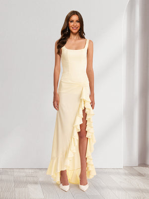 Sheath/Column Square Neck Ruched Ruffle Bridesmaid Dresses with Split Side