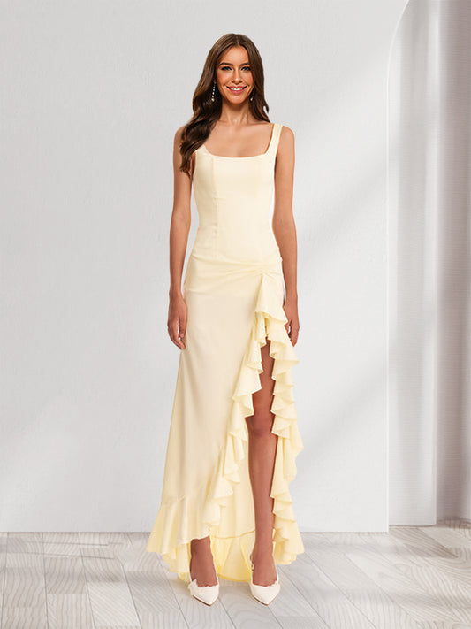 Sheath/Column Square Neck Ruched Ruffle Bridesmaid Dresses with Split Side