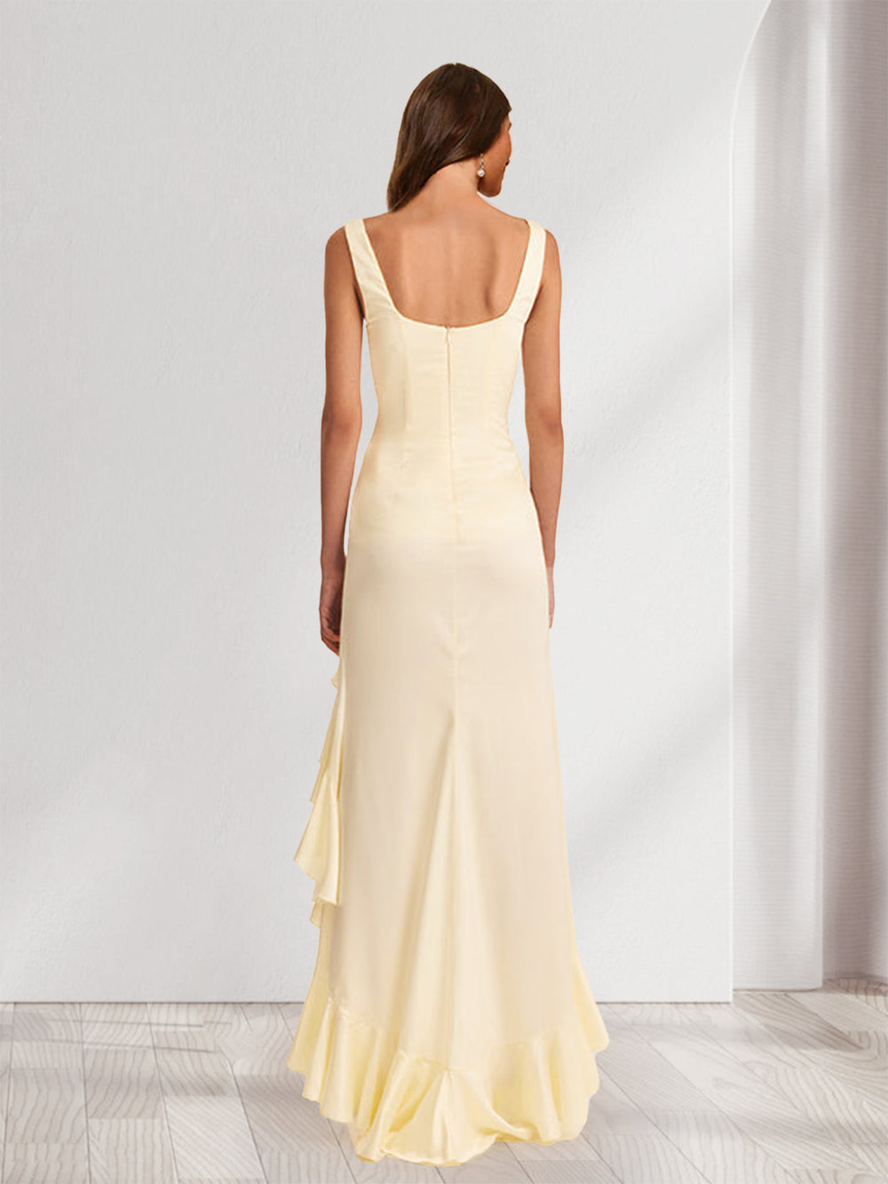 Sheath/Column Square Neck Ruched Ruffle Bridesmaid Dresses with Split Side