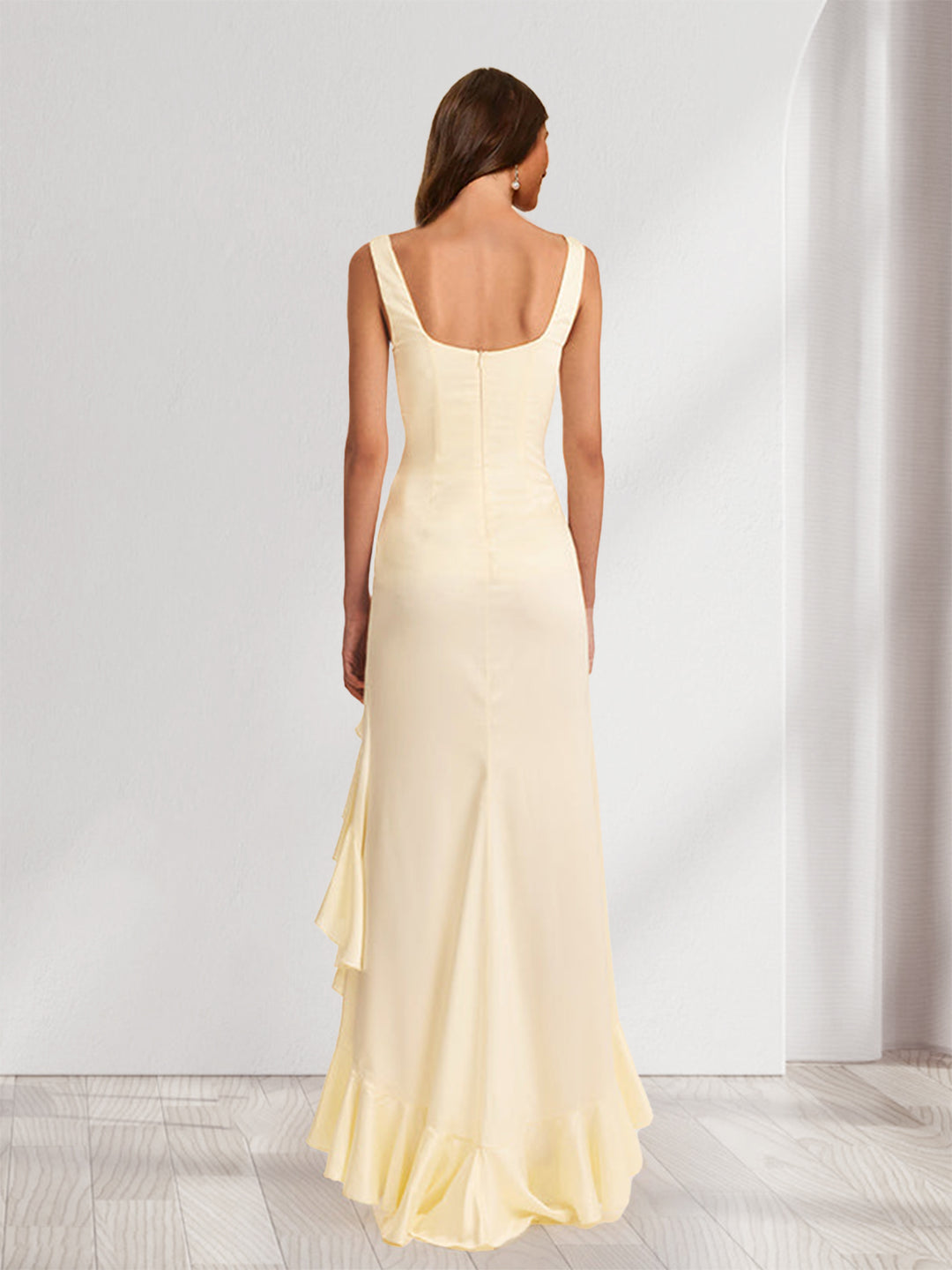 Sheath/Column Square Neck Ruched Ruffle Bridesmaid Dresses with Split Side