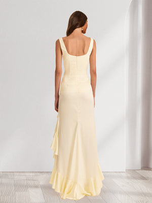 Sheath/Column Square Neck Ruched Ruffle Bridesmaid Dresses with Split Side