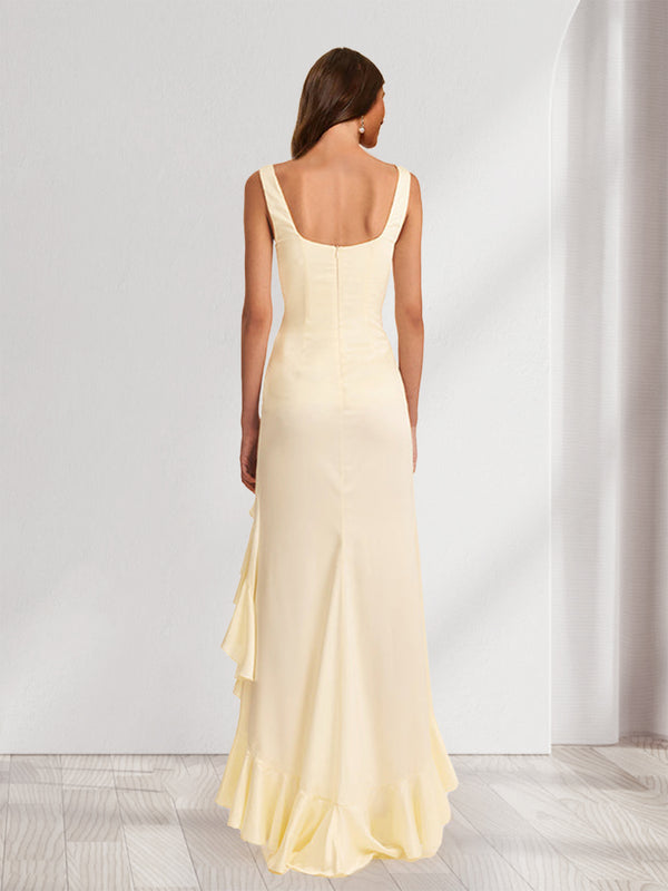 Sheath/Column Square Neck Ruched Ruffle Bridesmaid Dresses with Split Side