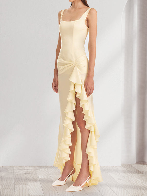 Sheath/Column Square Neck Ruched Ruffle Bridesmaid Dresses with Split Side