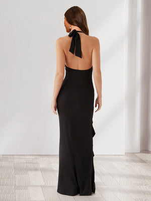 Sheath/Column Halter Ruffle Long Bridesmaid Dresses with Split Side