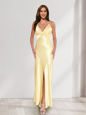 Sheath/Column Straps V-Neck Pleated Long Bridesmaid Dresses with Split Side