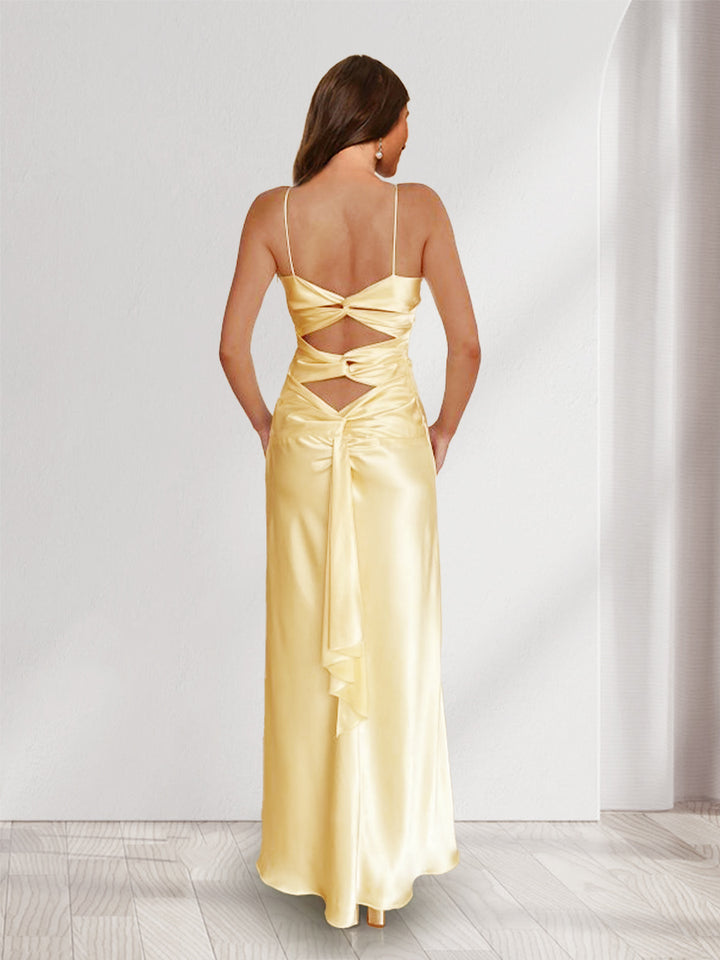 Sheath/Column Straps V-Neck Pleated Long Bridesmaid Dresses with Split Side