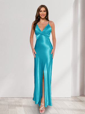 Sheath/Column Straps V-Neck Pleated Long Bridesmaid Dresses with Split Side