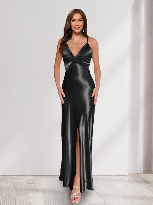 Sheath/Column Straps V-Neck Pleated Long Bridesmaid Dresses with Split Side