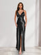 Sheath/Column Straps V-Neck Pleated Long Bridesmaid Dresses with Split Side