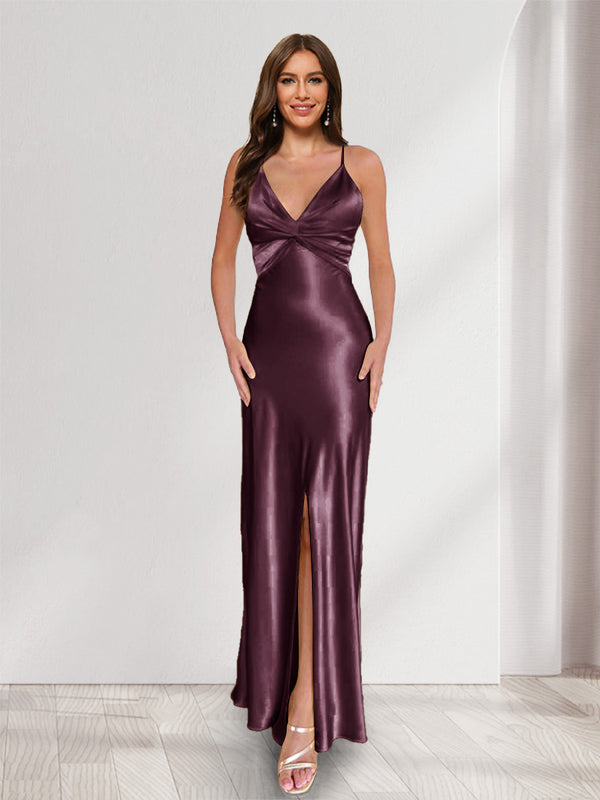 Sheath/Column Straps V-Neck Pleated Long Bridesmaid Dresses with Split Side