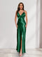 Sheath/Column Straps V-Neck Pleated Long Bridesmaid Dresses with Split Side