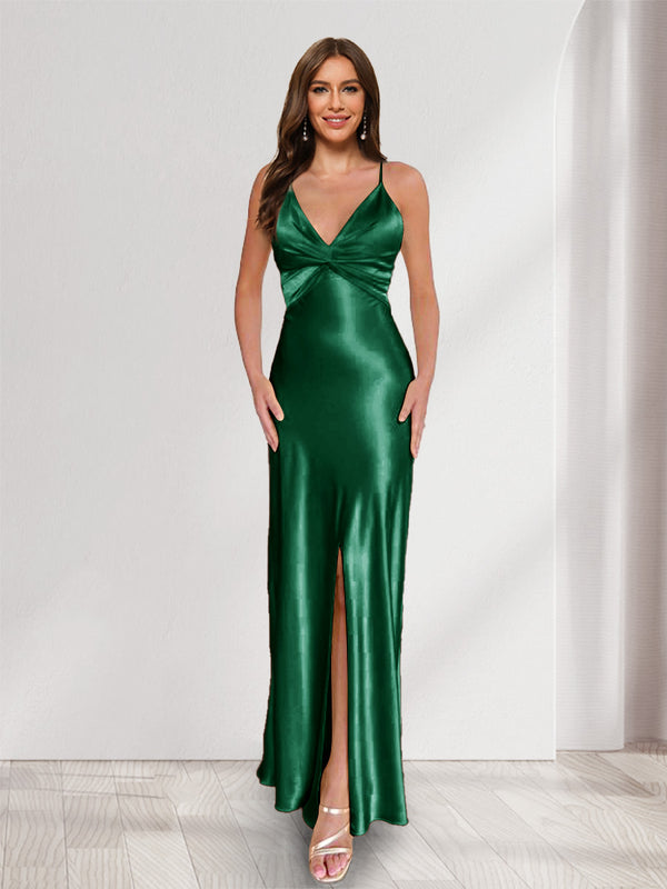 Sheath/Column Straps V-Neck Pleated Long Bridesmaid Dresses with Split Side