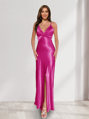 Sheath/Column Straps V-Neck Pleated Long Bridesmaid Dresses with Split Side