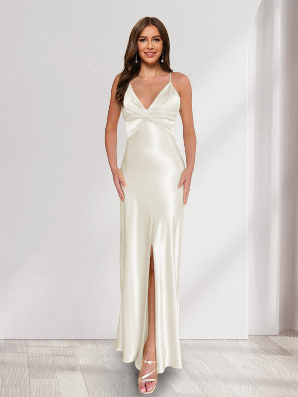 Sheath/Column Straps V-Neck Pleated Long Bridesmaid Dresses with Split Side