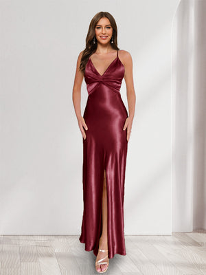 Sheath/Column Straps V-Neck Pleated Long Bridesmaid Dresses with Split Side