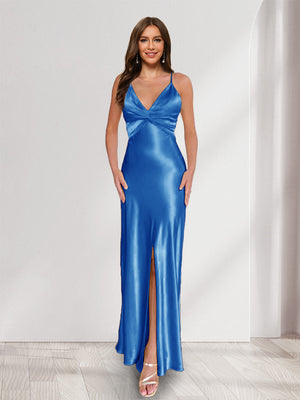 Sheath/Column Straps V-Neck Pleated Long Bridesmaid Dresses with Split Side