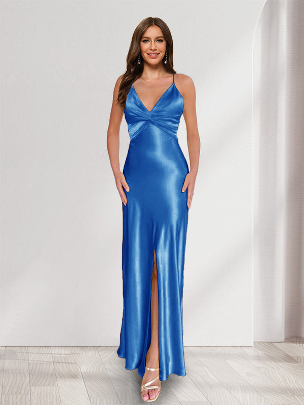 Sheath/Column Straps V-Neck Pleated Long Bridesmaid Dresses with Split Side