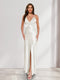 Sheath/Column Straps V-Neck Pleated Long Bridesmaid Dresses with Split Side