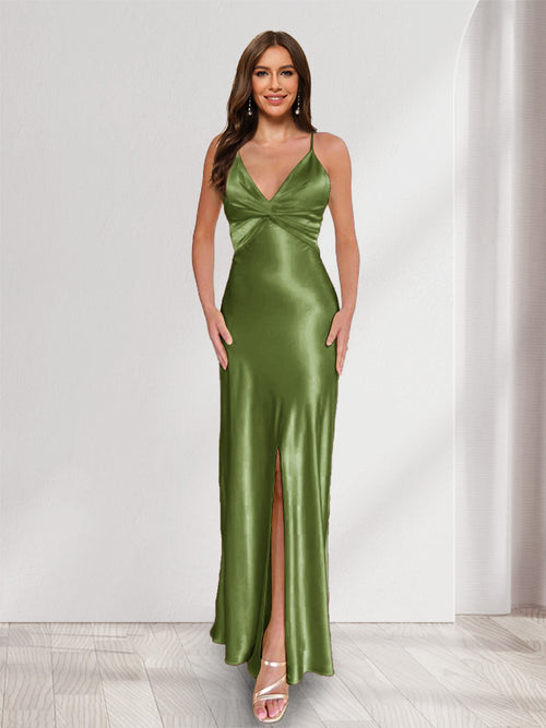 Sheath/Column Straps V-Neck Pleated Long Bridesmaid Dresses with Split Side