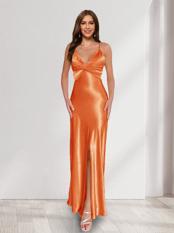 Sheath/Column Straps V-Neck Pleated Long Bridesmaid Dresses with Split Side