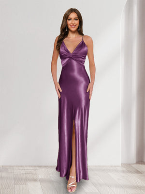 Sheath/Column Straps V-Neck Pleated Long Bridesmaid Dresses with Split Side