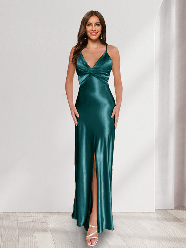 Sheath/Column Straps V-Neck Pleated Long Bridesmaid Dresses with Split Side