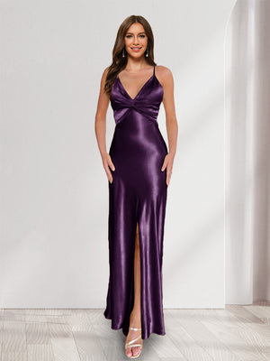 Sheath/Column Straps V-Neck Pleated Long Bridesmaid Dresses with Split Side