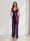 Sheath/Column Straps V-Neck Pleated Long Bridesmaid Dresses with Split Side
