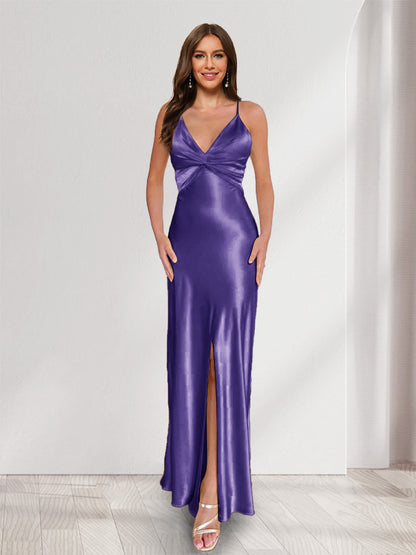 Sheath/Column Straps V-Neck Pleated Long Bridesmaid Dresses with Split Side