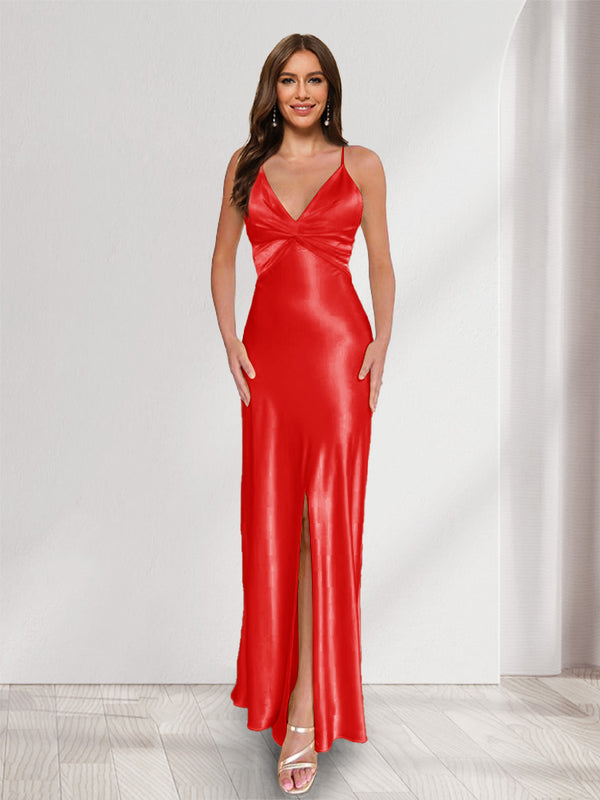 Sheath/Column Straps V-Neck Pleated Long Bridesmaid Dresses with Split Side