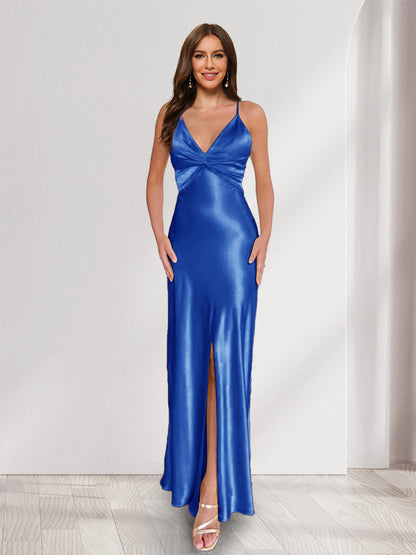 Sheath/Column Straps V-Neck Pleated Long Bridesmaid Dresses with Split Side