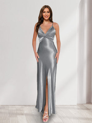 Sheath/Column Straps V-Neck Pleated Long Bridesmaid Dresses with Split Side