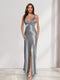 Sheath/Column Straps V-Neck Pleated Long Bridesmaid Dresses with Split Side
