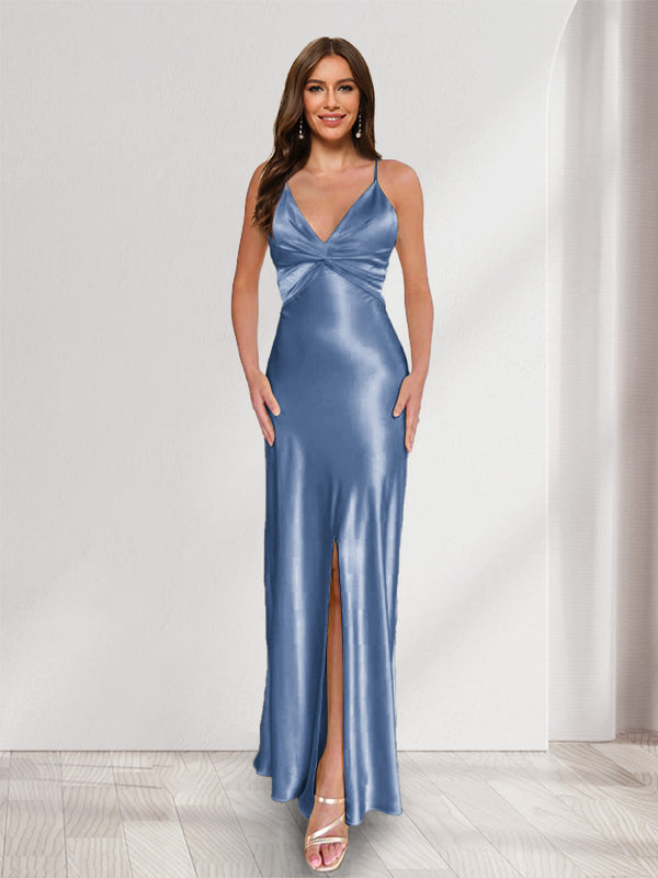 Sheath/Column Straps V-Neck Pleated Long Bridesmaid Dresses with Split Side