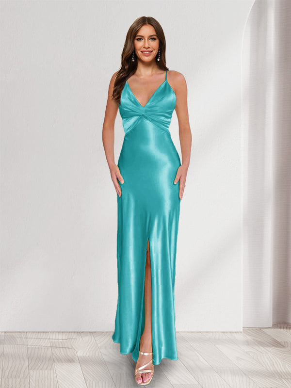 Sheath/Column Straps V-Neck Pleated Long Bridesmaid Dresses with Split Side