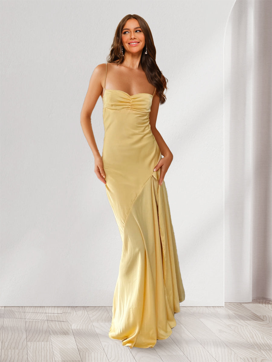 Sheath/Column Spaghetti Straps Pleated Long Bridesmaid Dresses with Split Side
