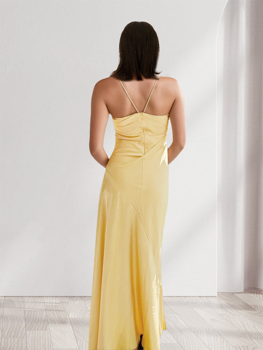 Sheath/Column Spaghetti Straps Pleated Long Bridesmaid Dresses with Split Side