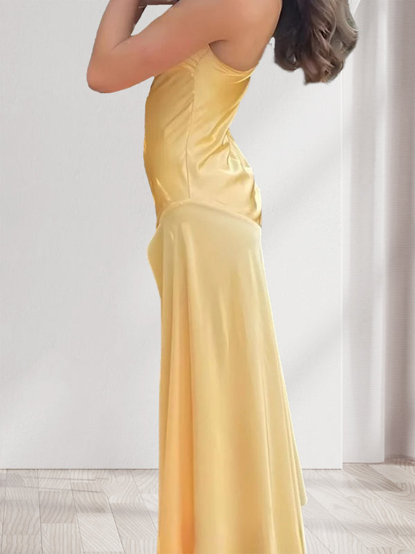 Sheath/Column Spaghetti Straps Pleated Long Bridesmaid Dresses with Split Side