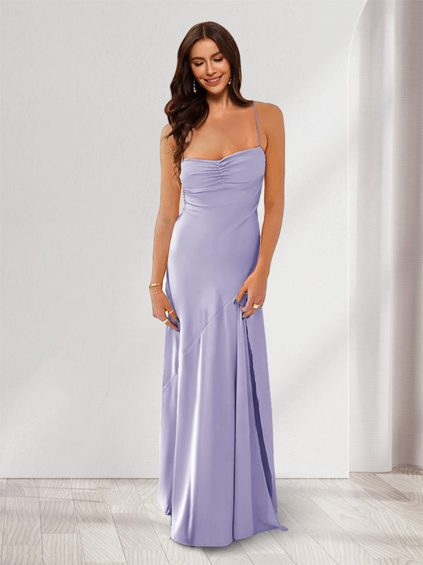 Sheath/Column Spaghetti Straps Pleated Long Bridesmaid Dresses with Split Side