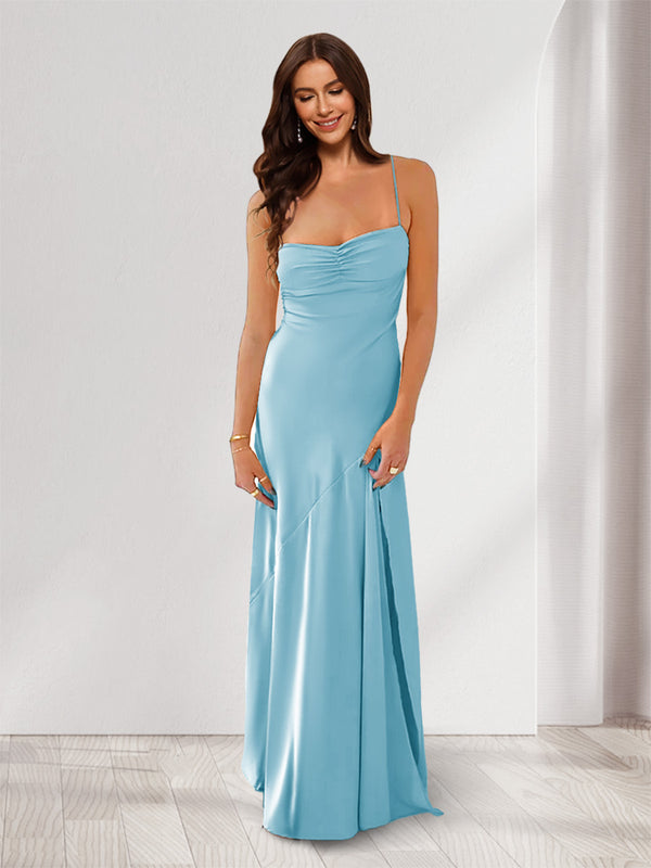 Sheath/Column Spaghetti Straps Pleated Long Bridesmaid Dresses with Split Side