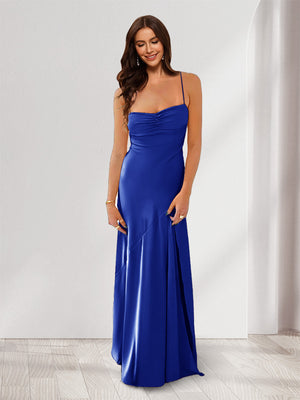 Sheath/Column Spaghetti Straps Pleated Long Bridesmaid Dresses with Split Side