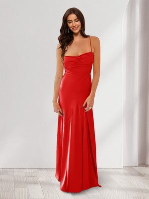 Sheath/Column Spaghetti Straps Pleated Long Bridesmaid Dresses with Split Side
