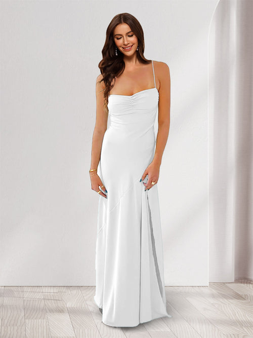 Sheath/Column Spaghetti Straps Pleated Long Bridesmaid Dresses with Split Side