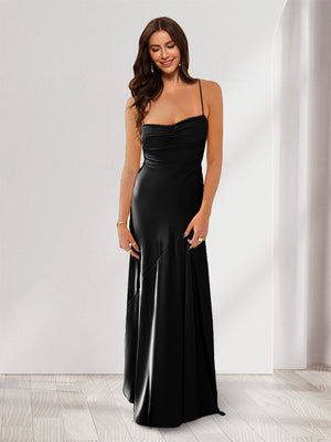 Sheath/Column Spaghetti Straps Pleated Long Bridesmaid Dresses with Split Side