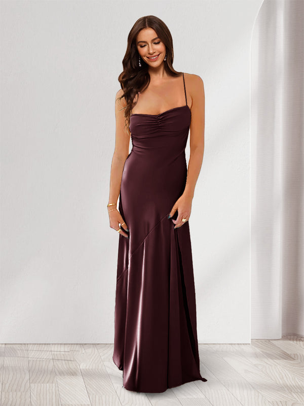 Sheath/Column Spaghetti Straps Pleated Long Bridesmaid Dresses with Split Side