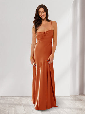 Sheath/Column Spaghetti Straps Pleated Long Bridesmaid Dresses with Split Side